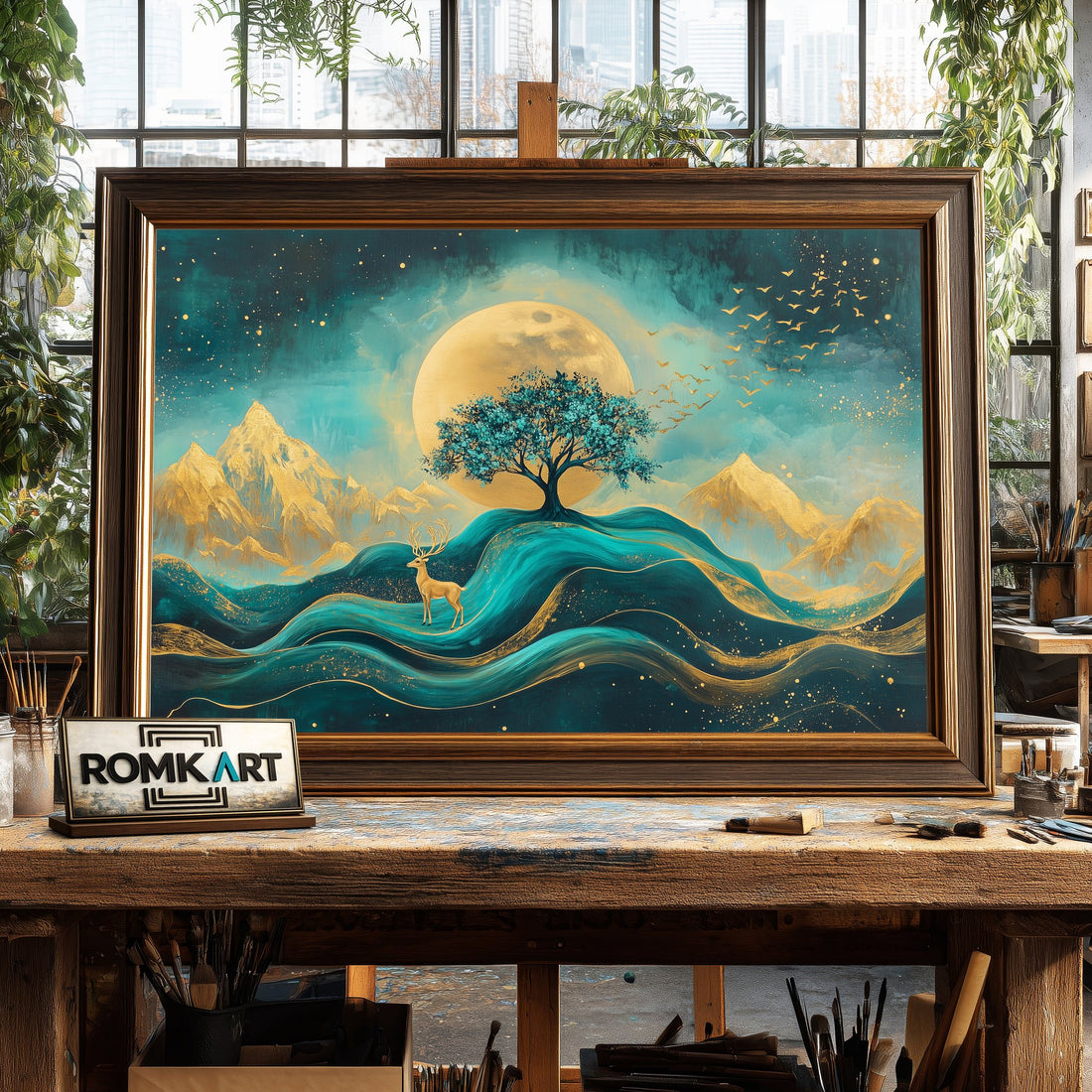 Abstract Teal and Gold Deer hand-painted oil painting on canvas