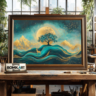 Abstract Teal and Gold Deer Oil Painting - image 2