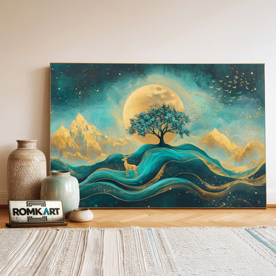 Abstract Teal and Gold Deer Oil Painting - image 3