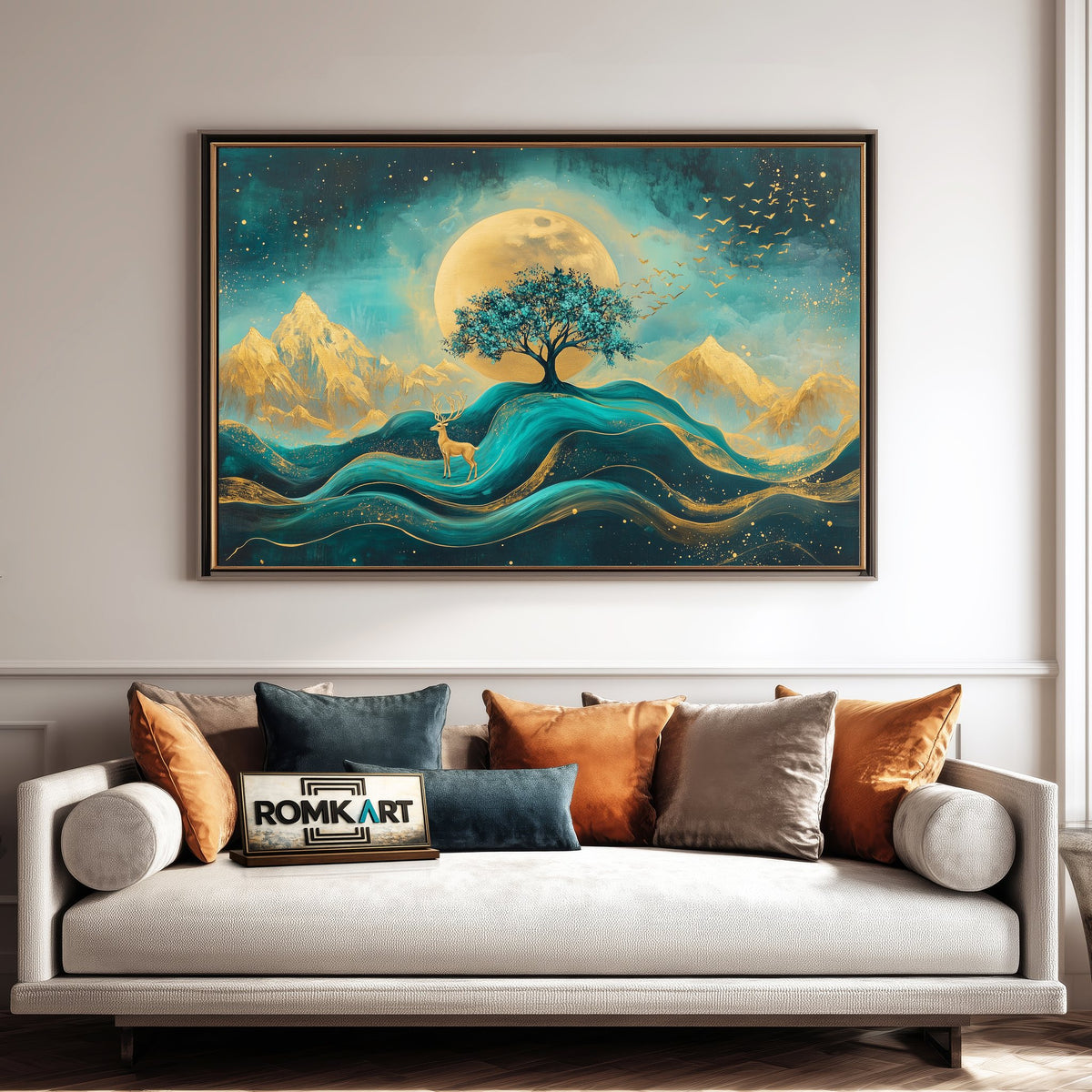 Abstract Teal and Gold Deer Oil Painting - image 4