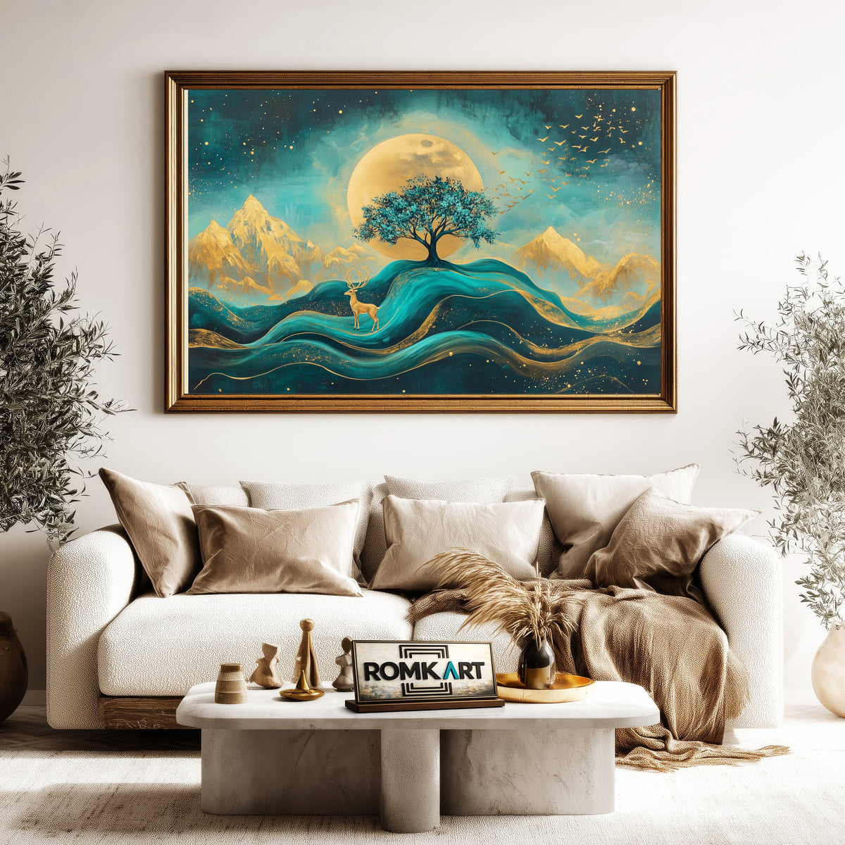 Abstract Teal and Gold Deer Oil Painting - image 5