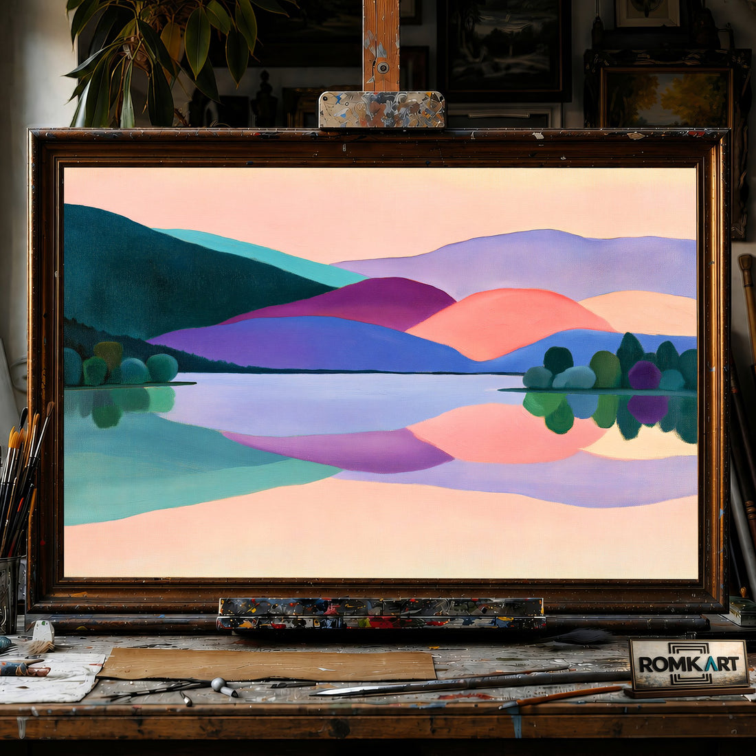 Abstracted Lake at dawn - Hand-Painted Oil Painting - View 1