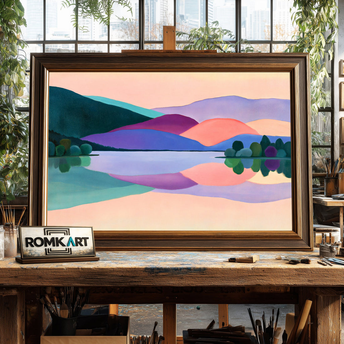 Abstracted Lake at dawn - Hand-Painted Oil Painting - View 1