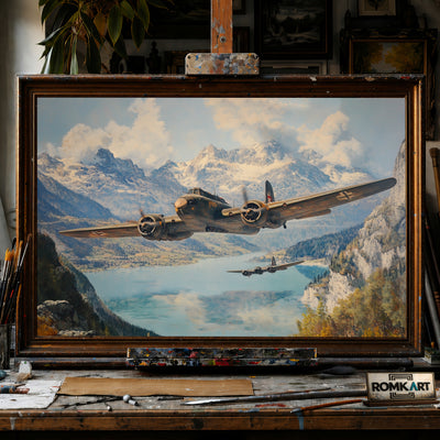 Airplane on Swiss Alps WWII hand-painted oil painting on canvas