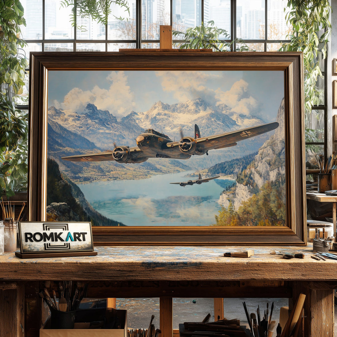Airplane on Swiss Alps WWII hand-painted oil painting on canvas