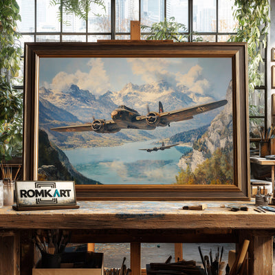 Airplane on Swiss Alps WWII Military Aviation Oil Painting - image 2