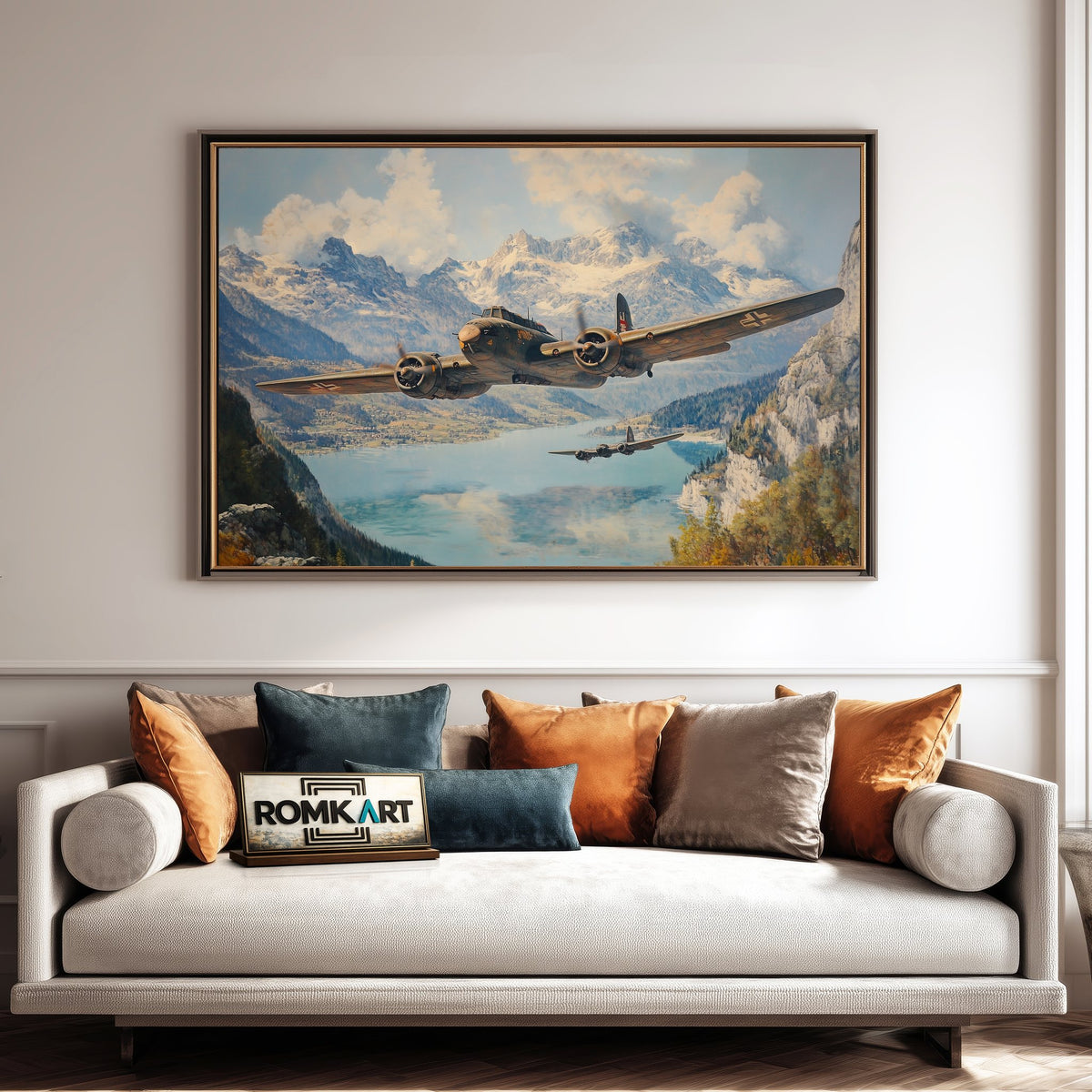 Airplane on Swiss Alps WWII Military Aviation Oil Painting - image 4