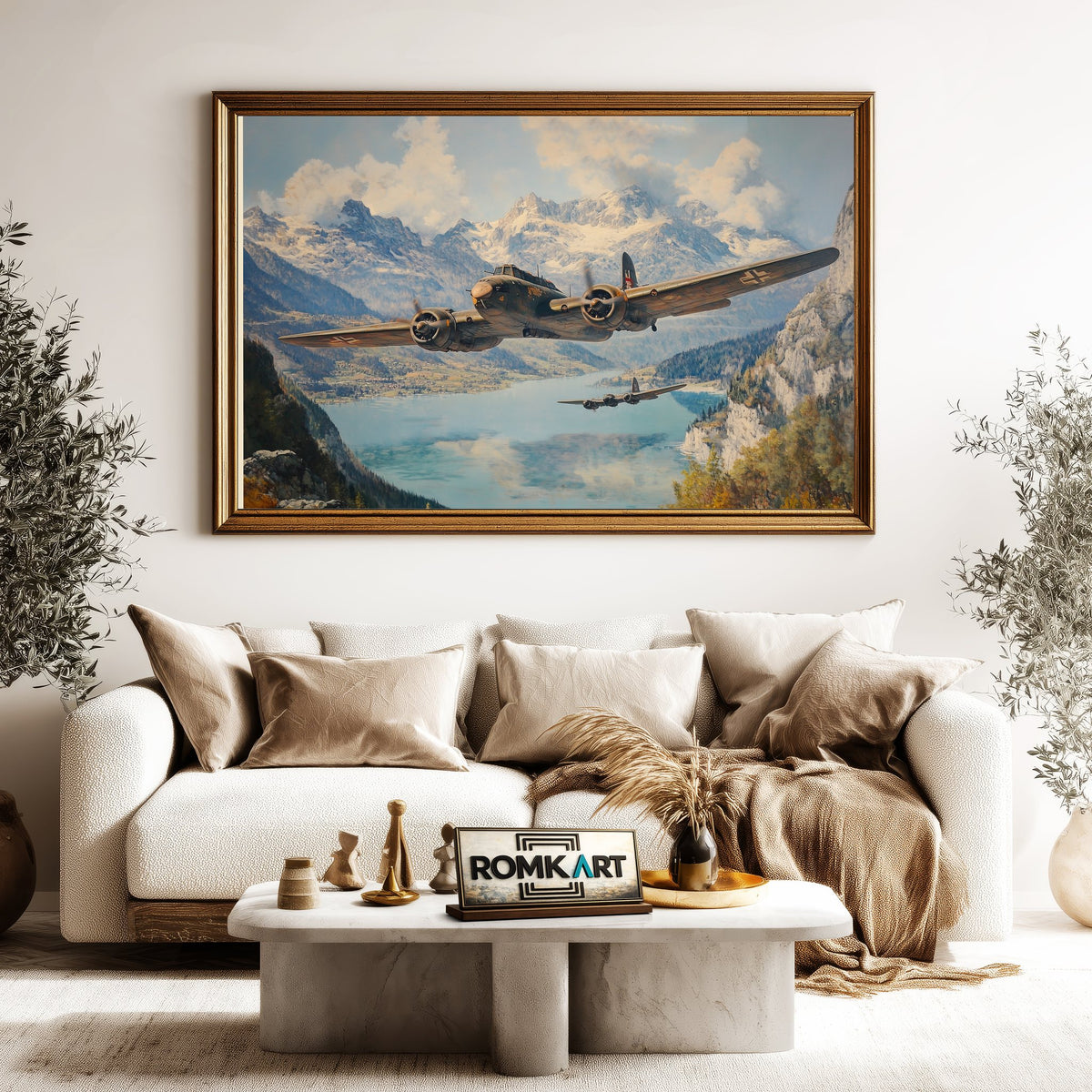Airplane on Swiss Alps WWII Military Aviation Oil Painting - image 5
