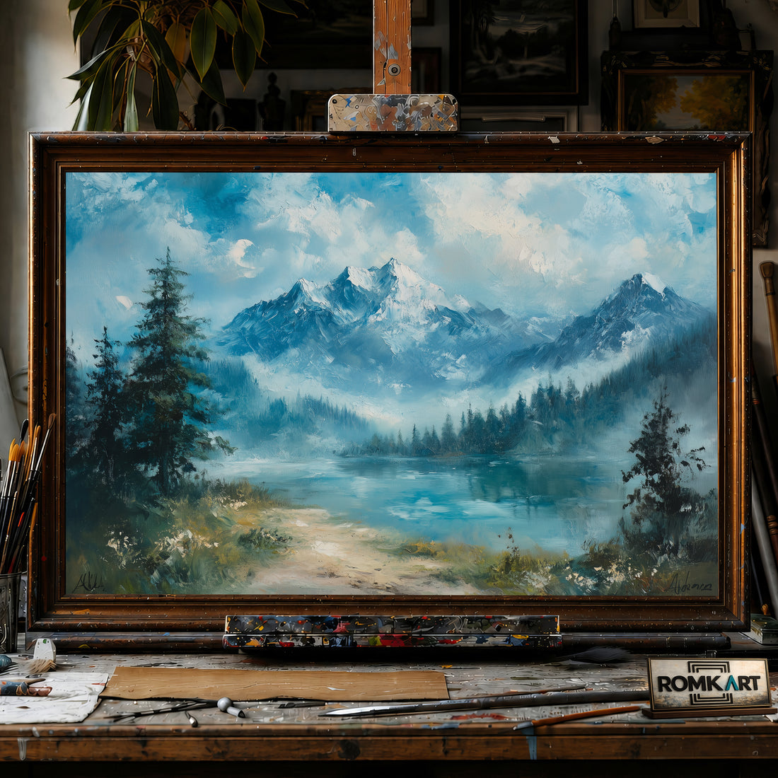 Alpine Lake and Misty Mountains hand-painted oil painting on canvas