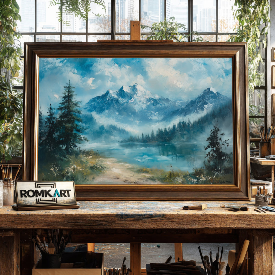 Alpine Lake and Misty Mountains hand-painted oil painting on canvas