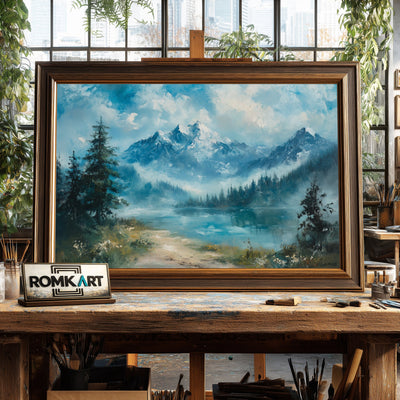 Alpine Lake and Misty Mountains Waterscape Oil Painting - image 2