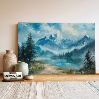 Alpine Lake and Misty Mountains Waterscape Oil Painting - image 3