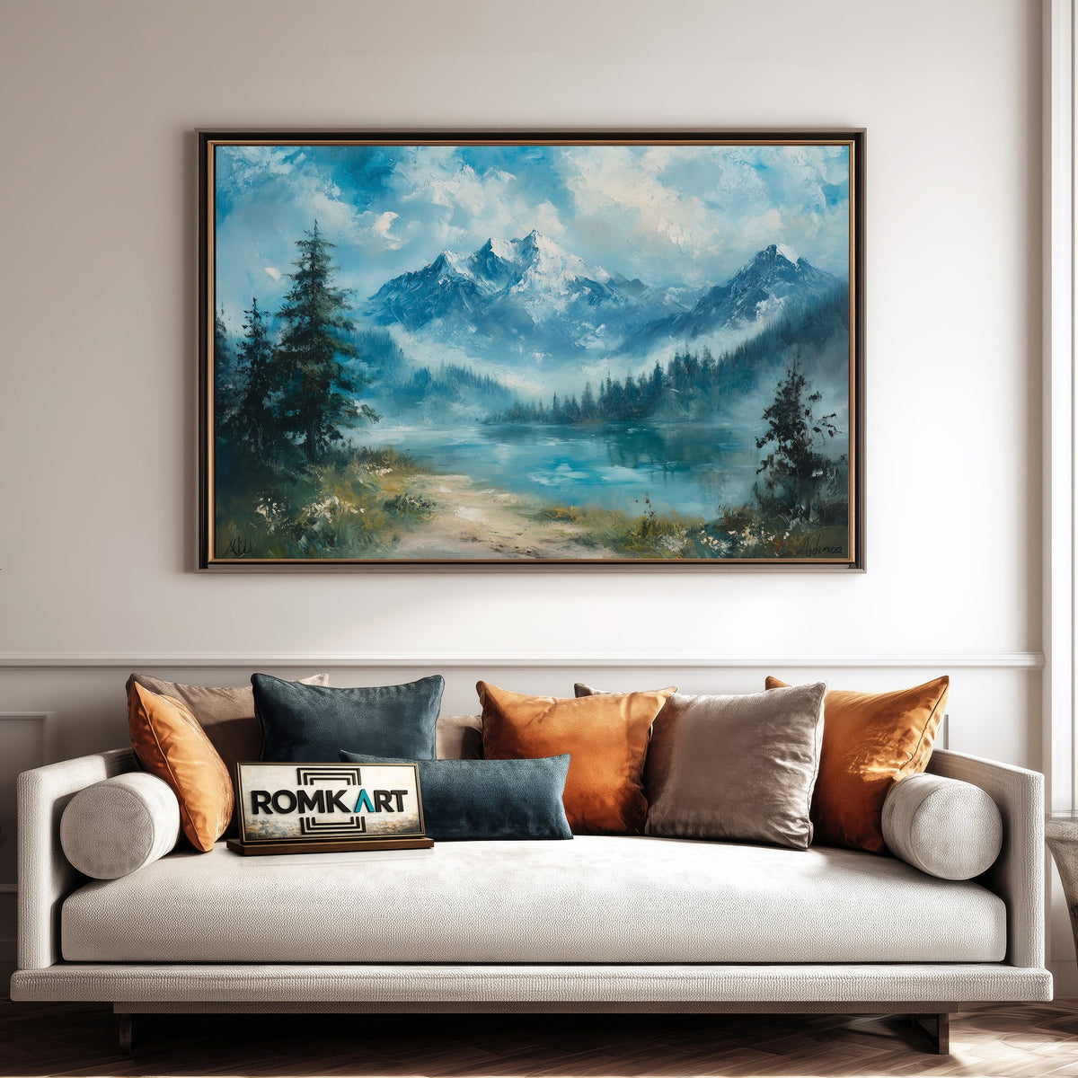 Alpine Lake and Misty Mountains Waterscape Oil Painting - image 4
