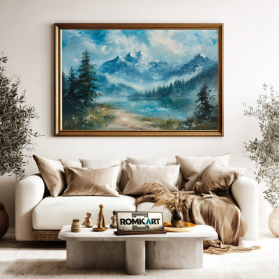 Alpine Lake and Misty Mountains Waterscape Oil Painting - image 5