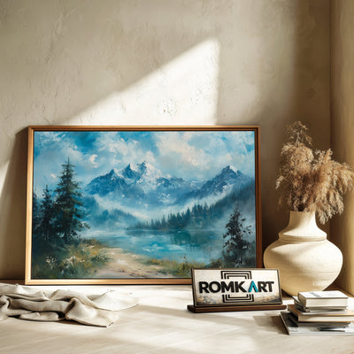 Alpine Lake and Misty Mountains Waterscape Oil Painting - image 6