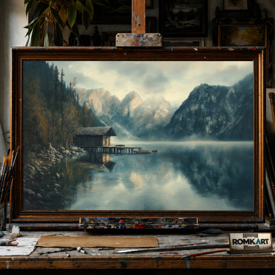 Alpine Lake Dock hand-painted oil painting on canvas