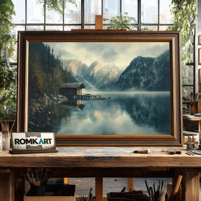 Alpine Lake Dock Harbor Seascape Oil Painting - image 2