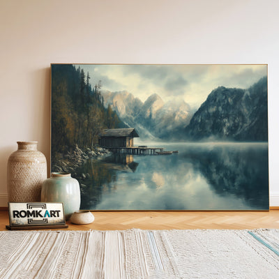 Alpine Lake Dock Harbor Seascape Oil Painting - image 3