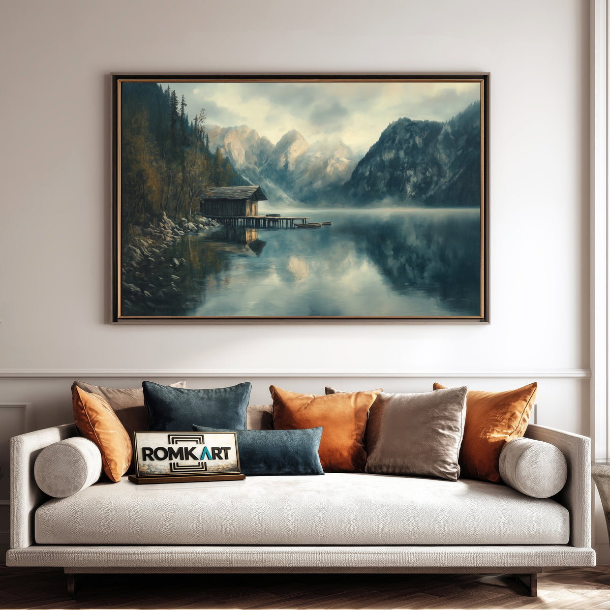 Alpine Lake Dock Harbor Seascape Oil Painting - image 4