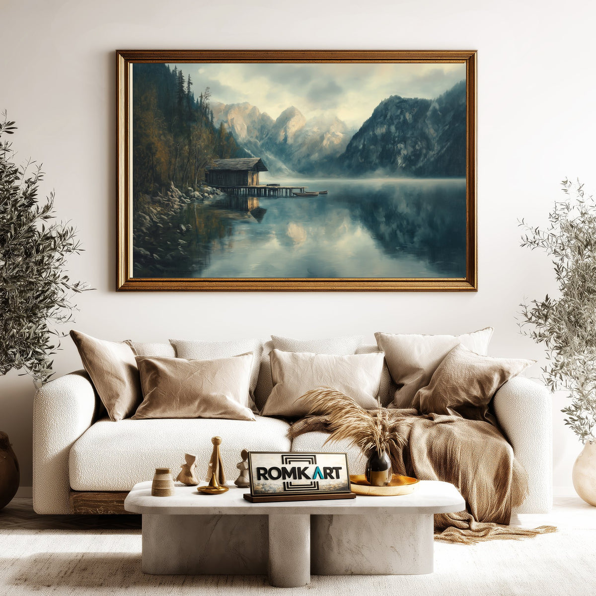 Alpine Lake Dock Harbor Seascape Oil Painting - image 5