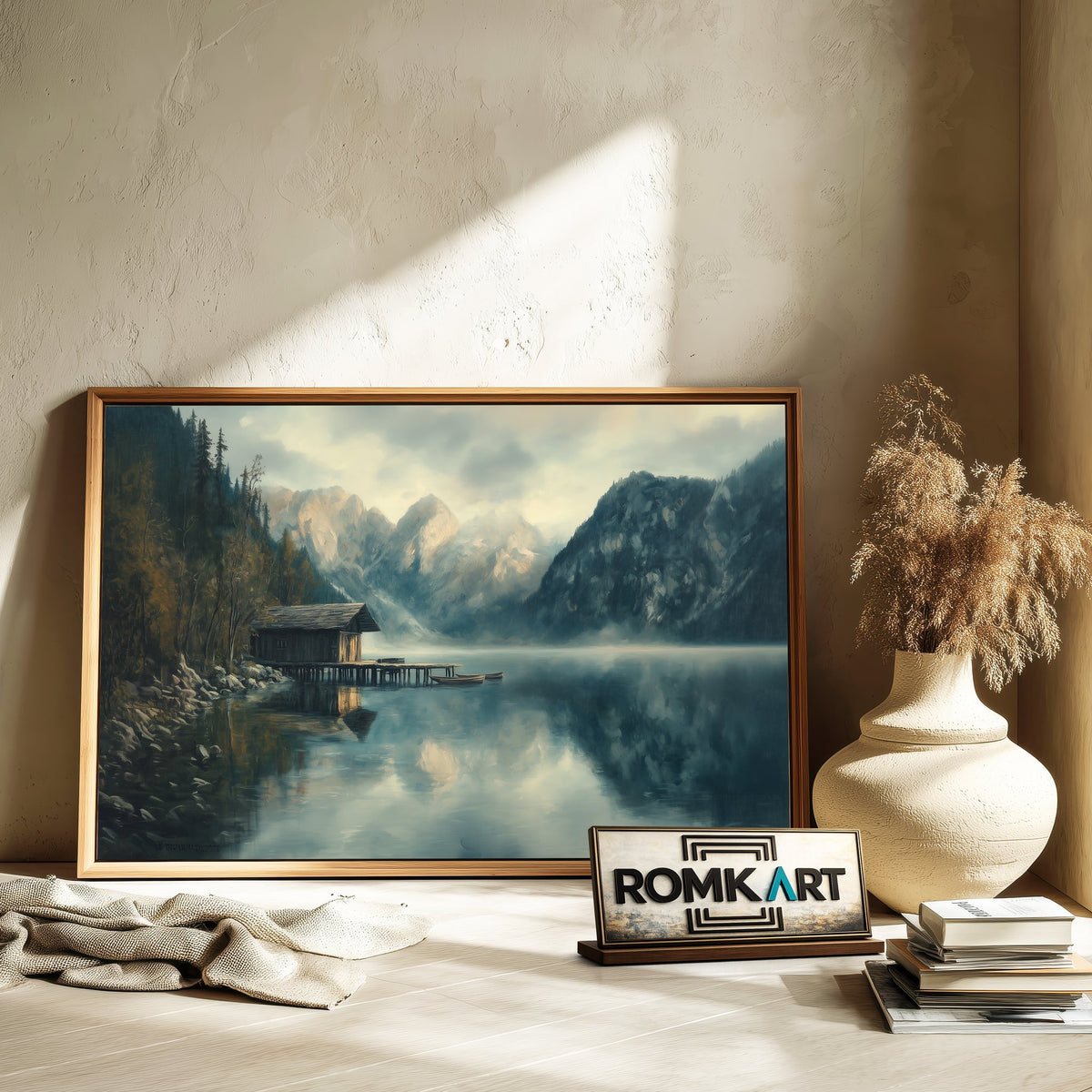 Alpine Lake Dock Harbor Seascape Oil Painting - image 6