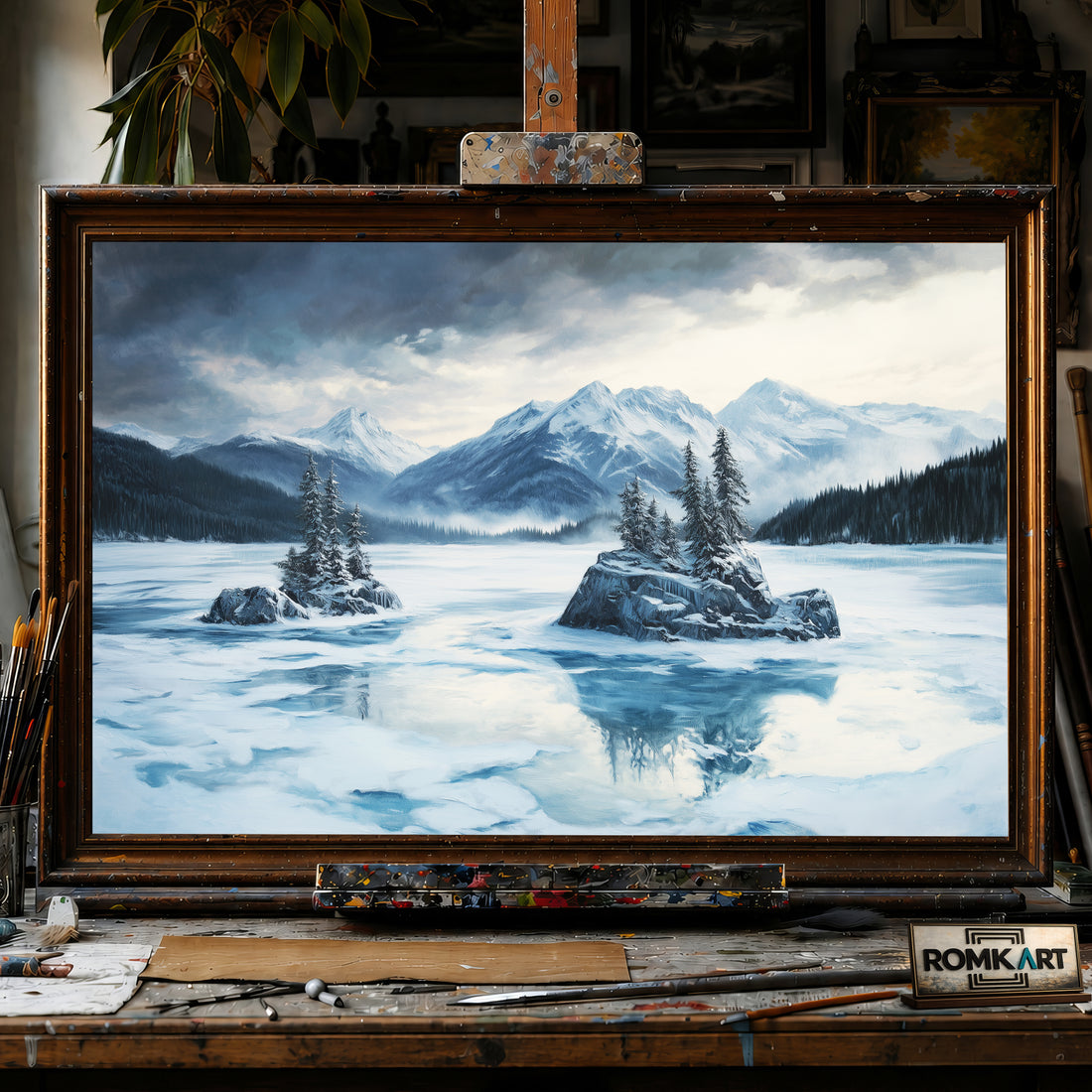 Alpine Lake in Winter Twilight hand-painted oil painting on canvas