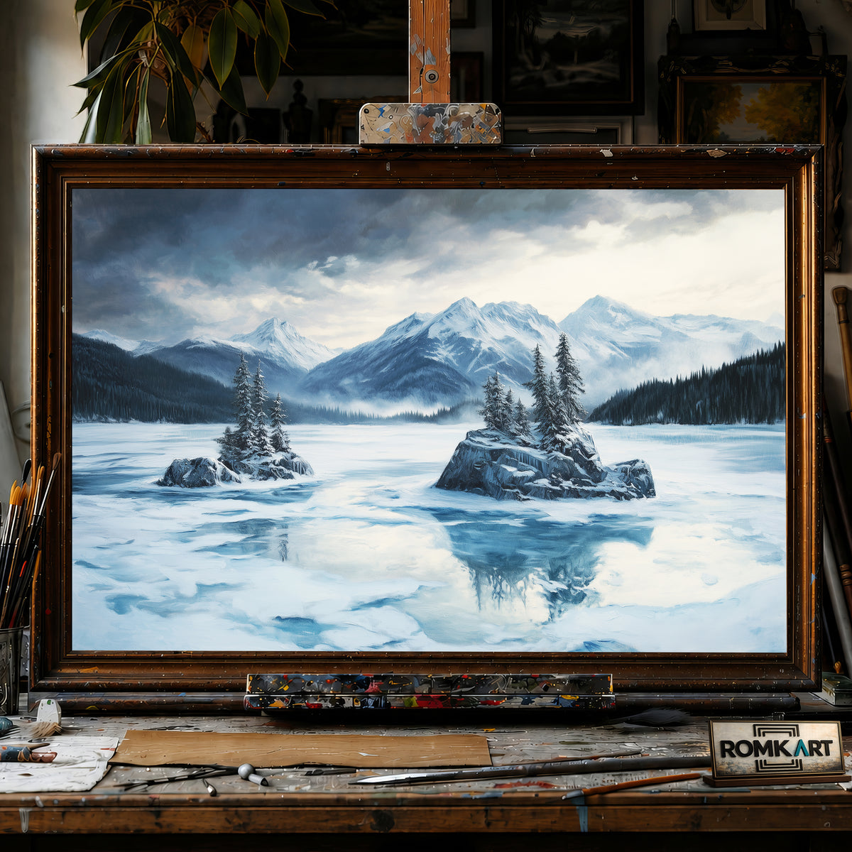 Alpine Lake in Winter Twilight hand-painted oil painting on canvas