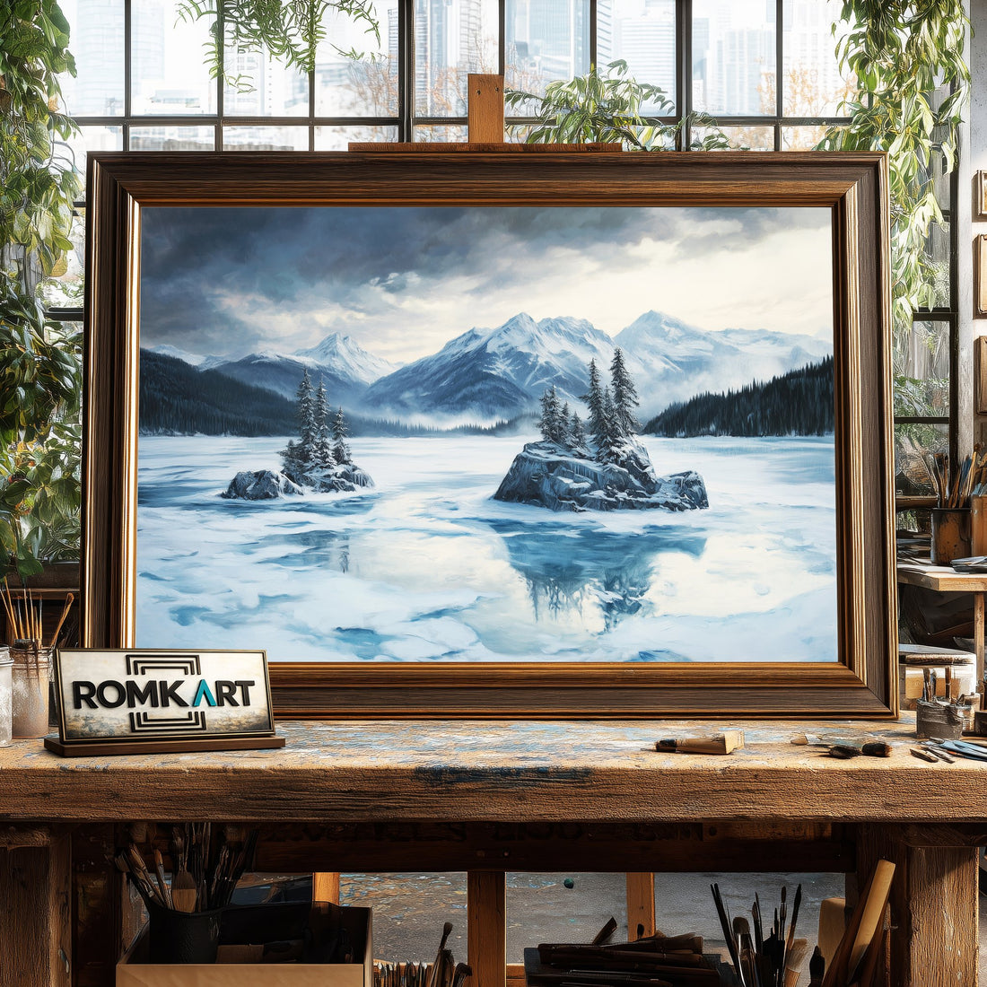 Alpine Lake in Winter Twilight hand-painted oil painting on canvas