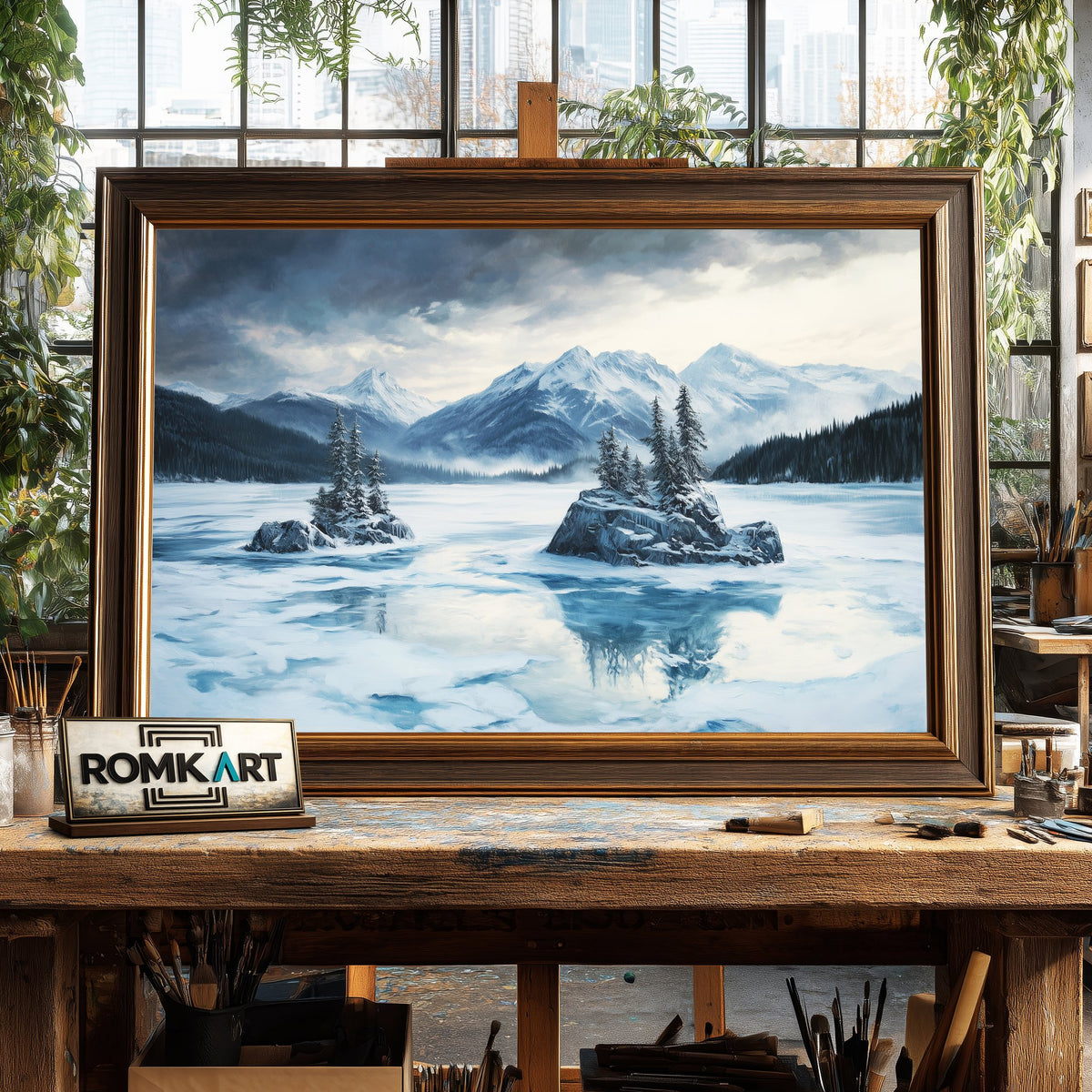 Alpine Lake in Winter Twilight Waterscape Oil Painting - image 2
