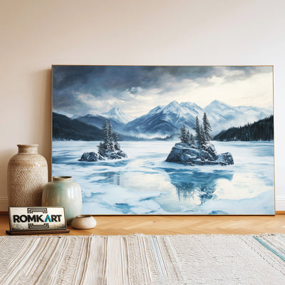 Alpine Lake in Winter Twilight Waterscape Oil Painting - image 3