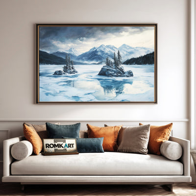 Alpine Lake in Winter Twilight Waterscape Oil Painting - image 4