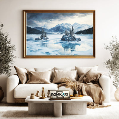 Alpine Lake in Winter Twilight Waterscape Oil Painting - image 5