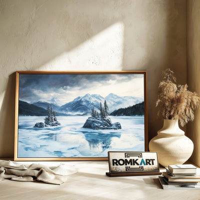 Alpine Lake in Winter Twilight Waterscape Oil Painting - image 6