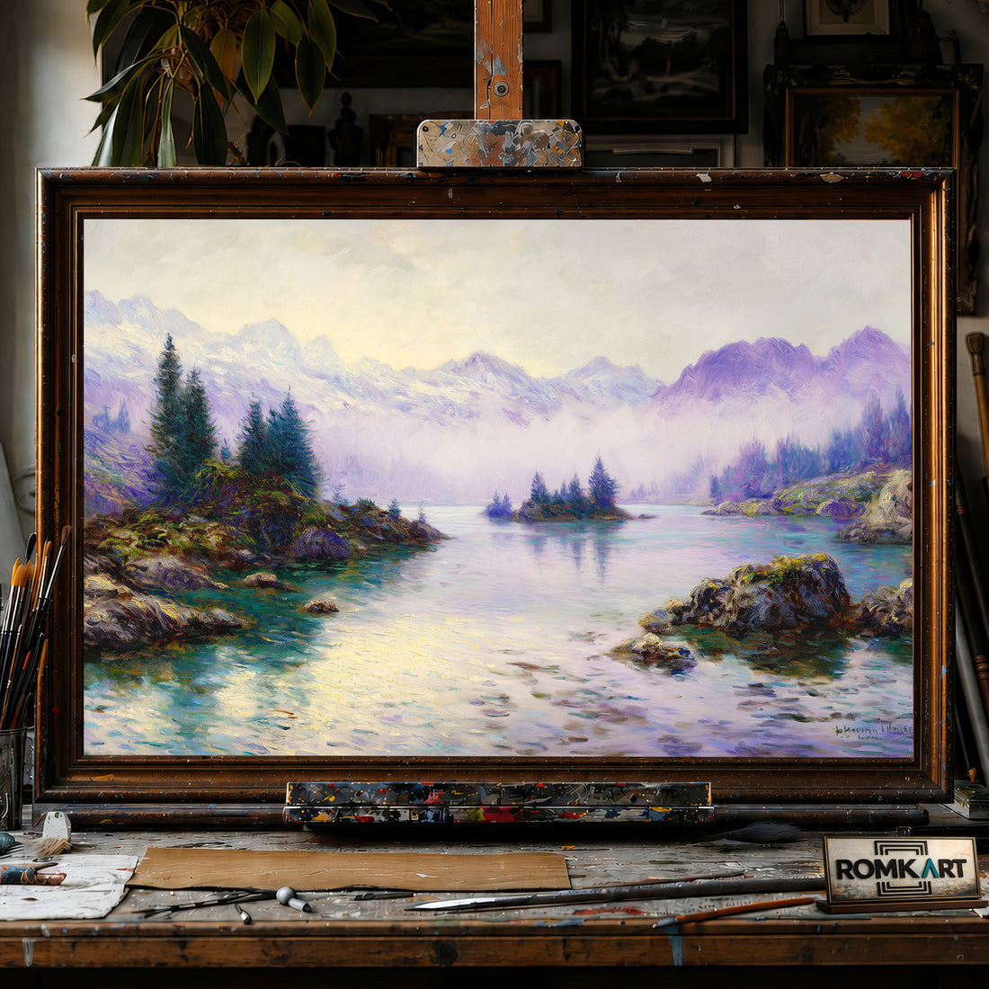Alpine Lake Misty Mountains hand-painted oil painting on canvas