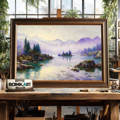 Alpine Lake Misty Mountains Waterscape Oil Painting - image 2