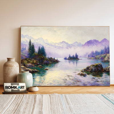 Alpine Lake Misty Mountains Waterscape Oil Painting - image 3