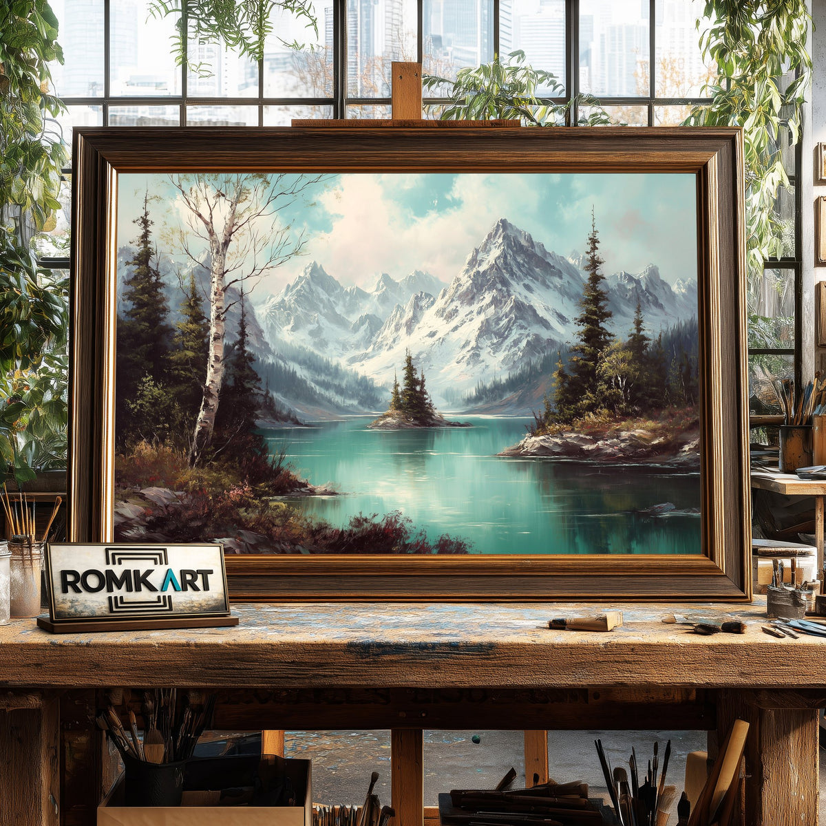 Alpine Mountain Lake Waterscape Oil Painting - image 2