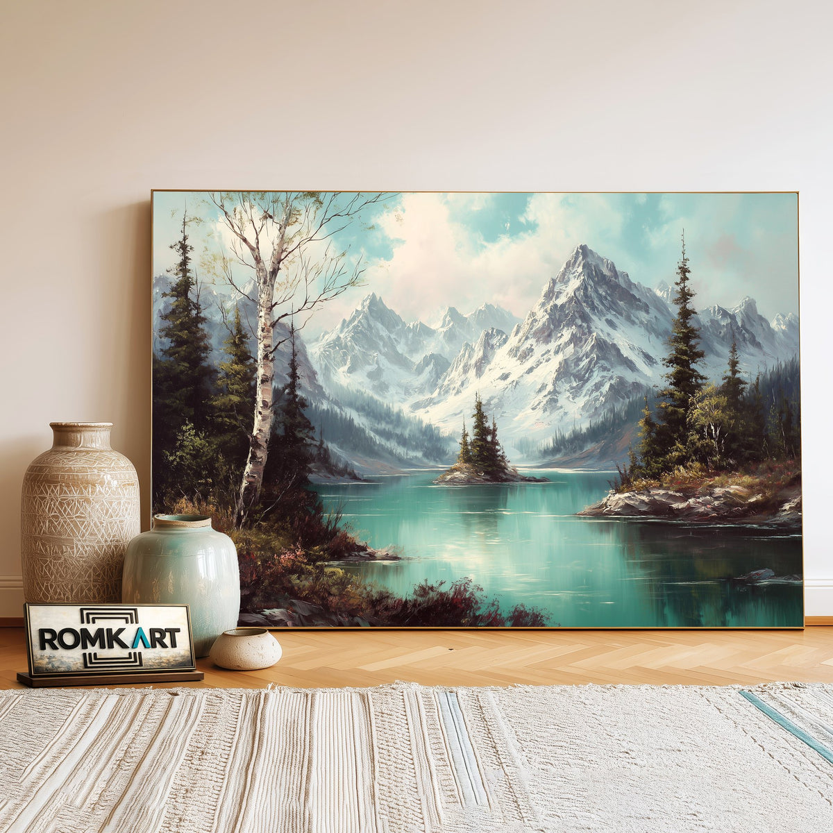 Alpine Mountain Lake Waterscape Oil Painting - image 3