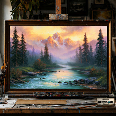 Alpine Mountain River hand-painted oil painting on canvas