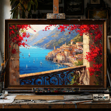 Amalfi Coast view from Stone Balcony hand-painted oil painting on canvas