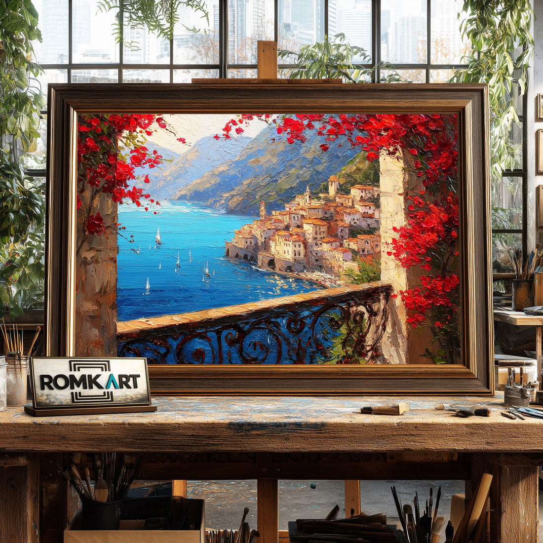 Amalfi Coast view from Stone Balcony hand-painted oil painting on canvas