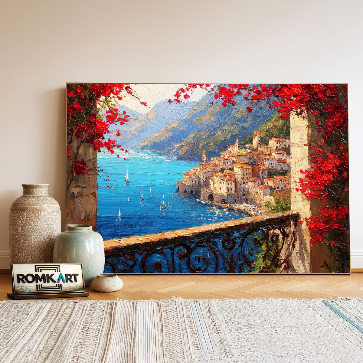 Amalfi Coast view from Stone Balcony Seascape Oil Painting - image 3