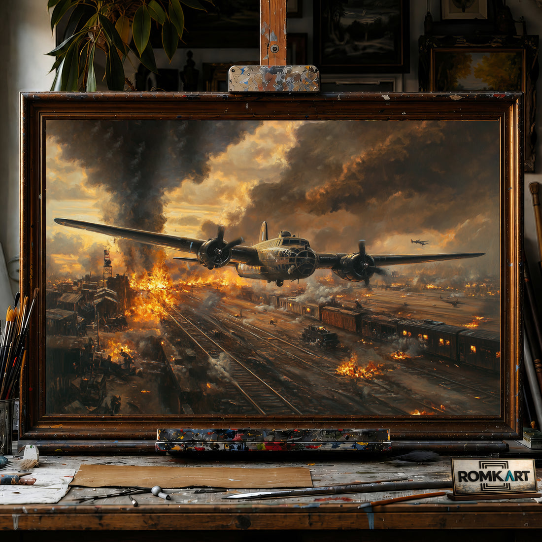 American Bombing Airplane on the Train hand-painted oil painting on canvas