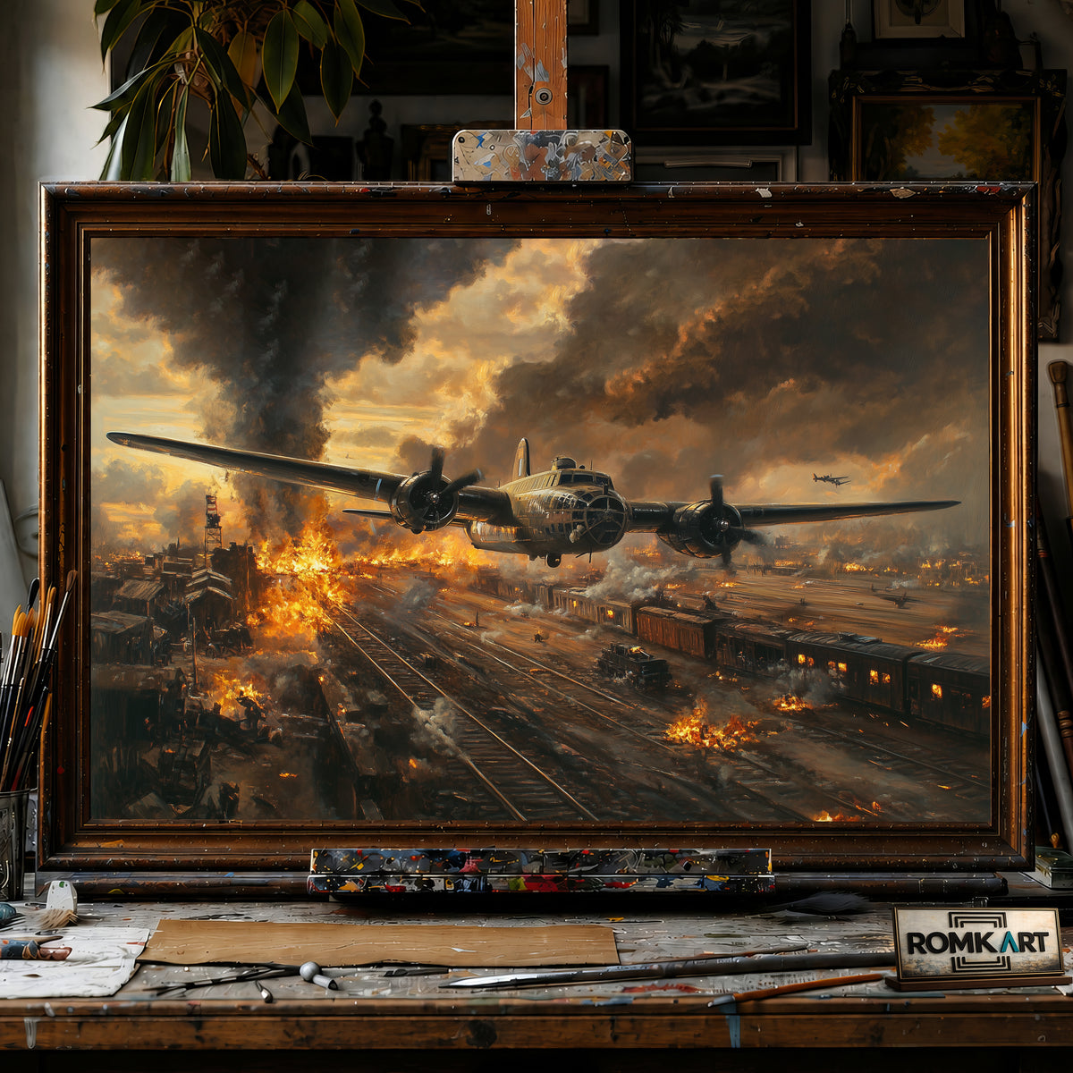American Bombing Airplane on the Train hand-painted oil painting on canvas