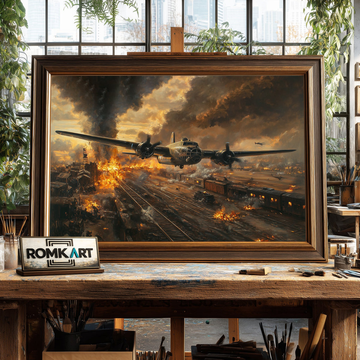 American Bombing Airplane on the Train Aviation Oil Painting - image 2