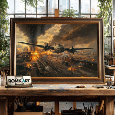 American Bombing Airplane on the Train Aviation Oil Painting - image 2
