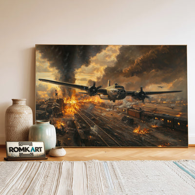 American Bombing Airplane on the Train Aviation Oil Painting - image 3