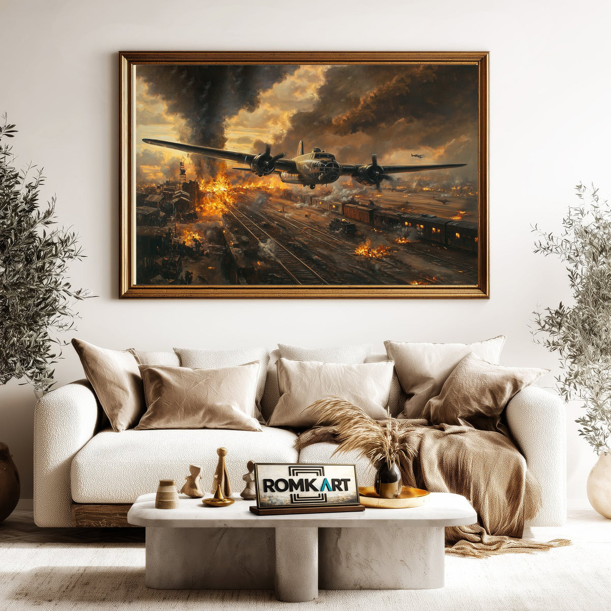 American Bombing Airplane on the Train Aviation Oil Painting - image 5