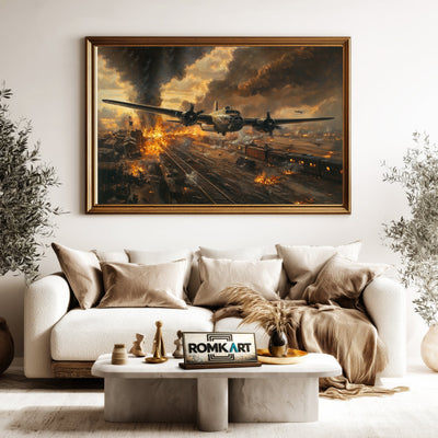 American Bombing Airplane on the Train Aviation Oil Painting - image 5