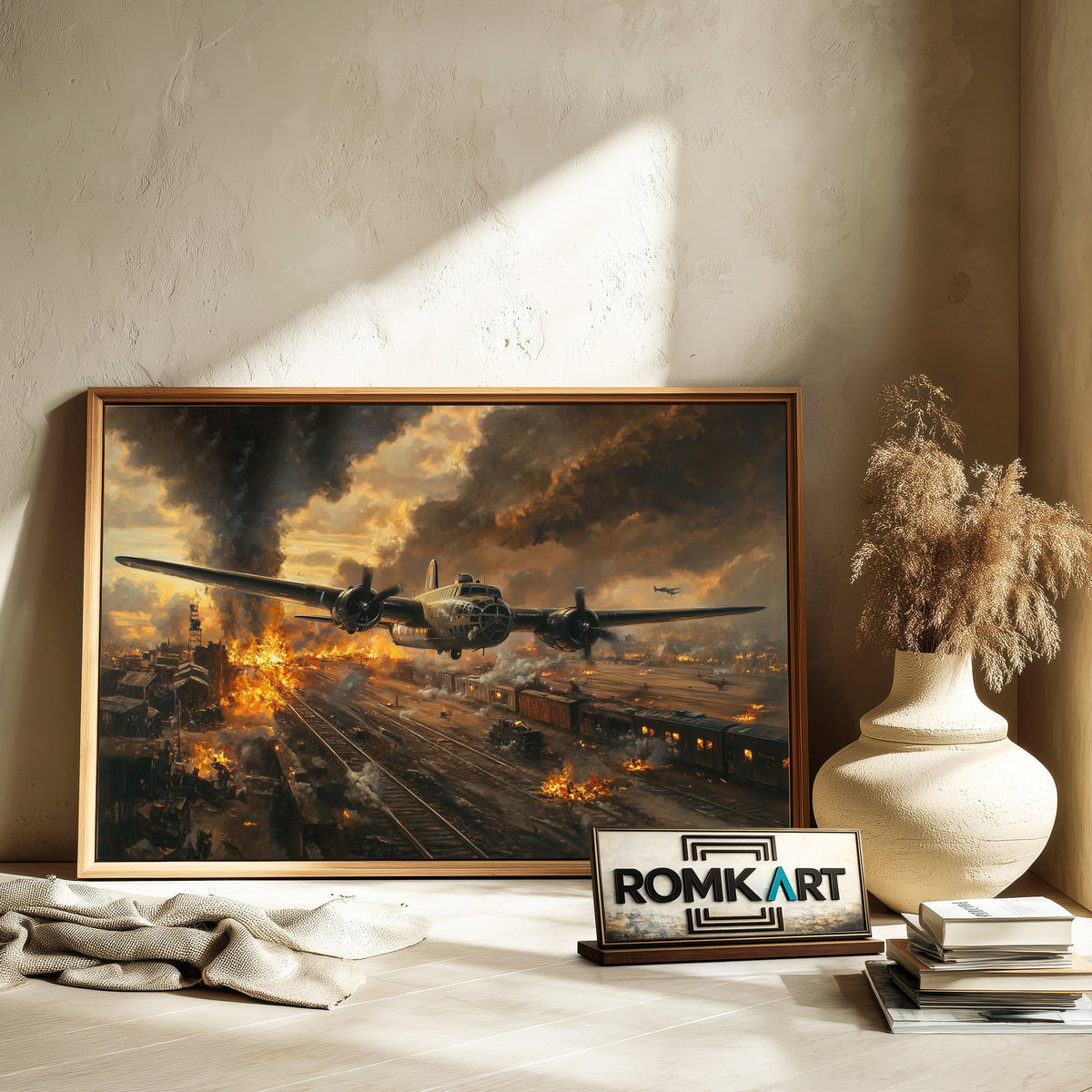 American Bombing Airplane on the Train Aviation Oil Painting - image 6